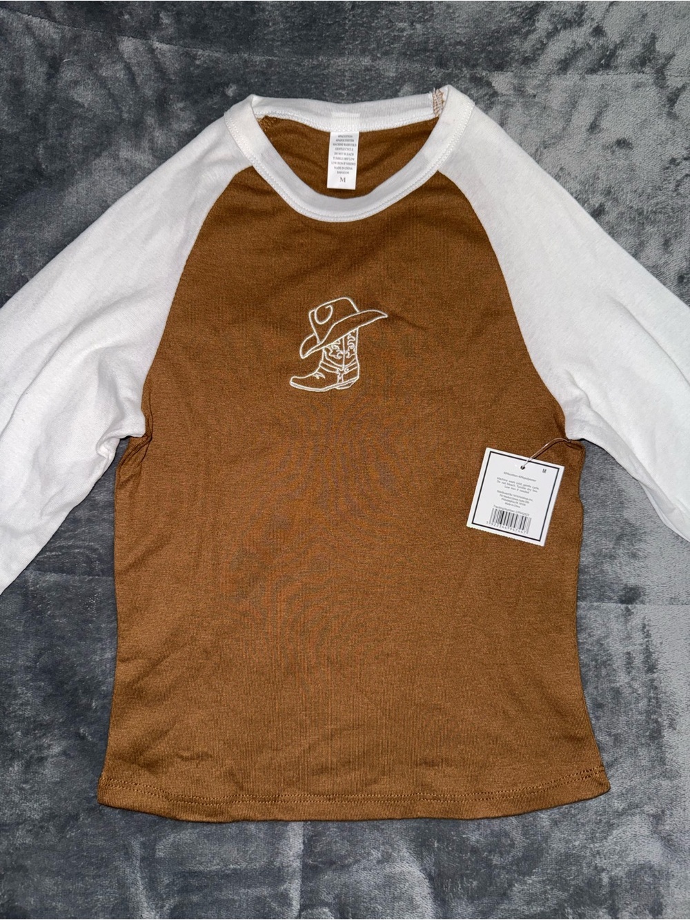 Brown & White Raglan Tee with Cowboy Boot Graphic